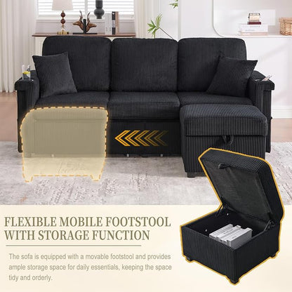 L-Shaped Sectional Sofa with Storage & Movable Ottoman, Corduroy 3 Seater - Image 7