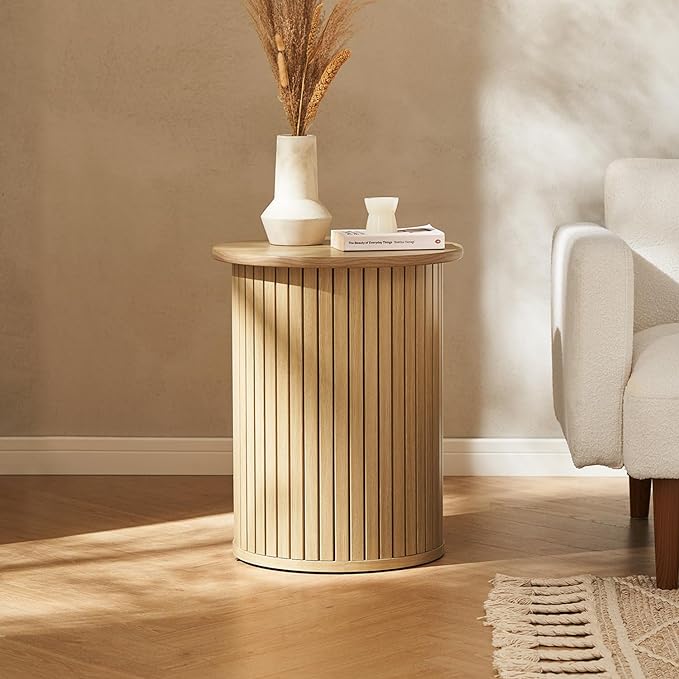 mopio Quin Pedestal Side Table, Tambour Round Fluted End Table, Small Accent by MopioInc