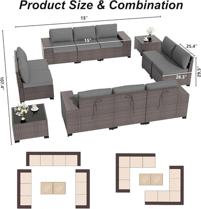 ALAULM 12 Pieces Outdoor Patio Furniture Set Sectional Sofa Sets Brown PE - Image 5
