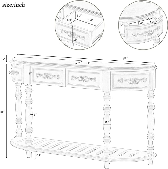 Retro Wood Curved Entryway Console Table 52-Inch Half Moon Hall Entryway Sofa - Image 2