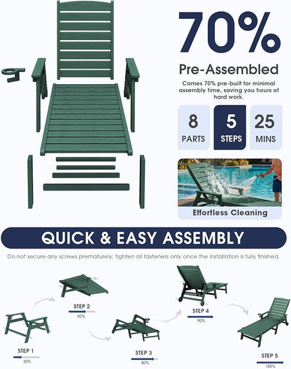 KINGYES HDPE Lounge Chair Outdoor Set of 2, Patio Chaise Lounge Recliner - Image 6