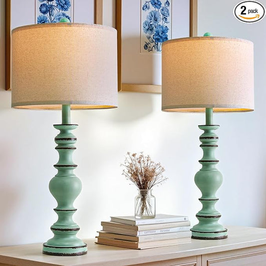 BOBOMOMO 27" Distressed Teal Table Lamps Set of 2, Large Coastal Farmhouse by BOBOMOMO