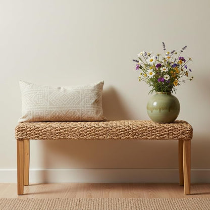 Indoor Bench Wicker for Entryway Bench, Wood Bench for Living Room Dining Bench - Image 6