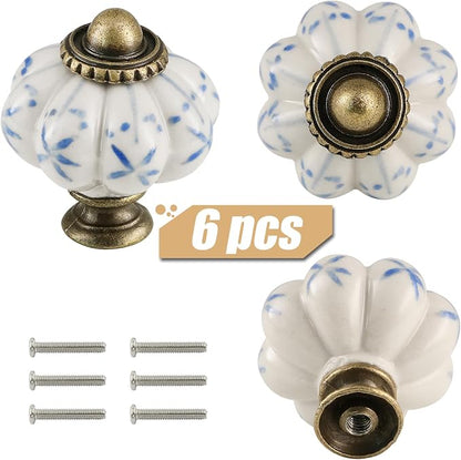 Ivory & Blue Pumpkin Knobs 6 Pack Ceramic Cabinet Knobs Vintage Drawer Pulls - Image 2