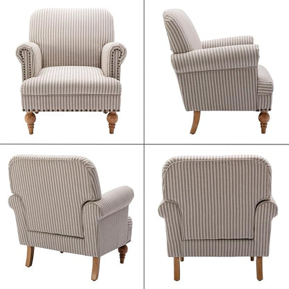 Khaki Striped Linen Fabric Accent Chair, Modern Farmhouse Upholstered Armchair - Image 7