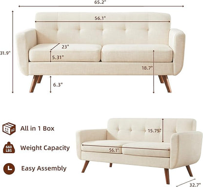 Tbfit 65" W Loveseat Sofa, Mid Century Modern Decor Love Seat Couches - Image 2
