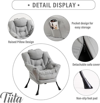 Tiita Lazy Chair with Ottoman, Light Grey Modern Large Accent Chair, Comfy - Image 2