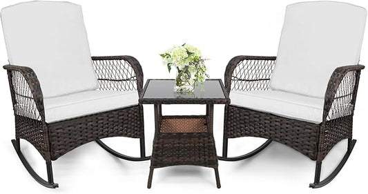 LEVELEVE 3pcs Modern PE Wicker Outdoor Rocking Chairs & Glass Table Set by Enjoyyourlife