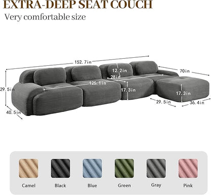 Boneless Sectional Couch, No Assembly Required, 152.7” L Shaped Modular Cloud - Image 3