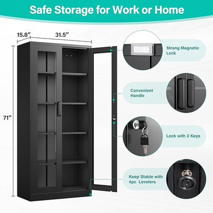Metal Storage Cabinet with Lock and Glass Doors, Glass Display Cabinet - Image 3