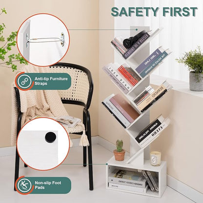 Yoobure Tree Bookshelf, 6 Tier Small Book Shelf Retro Floor Standing Bookcase - Image 5