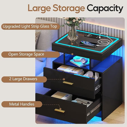 LED Nightstand Set 2 with Wireless Charging Station, Glass Top Smart Bedside - Image 5