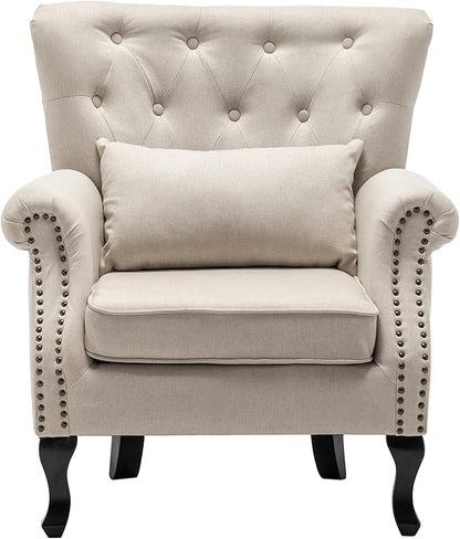 Mid Century Accent Chair for Living Room, Linen Fabric Button Tufted Armchair by DMFurniture