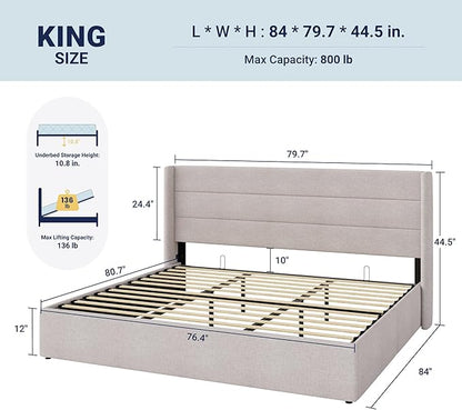 Allewie King Size Lift Up Storage Bed, Modern Wingback Headboard, Hydraulic - Image 2