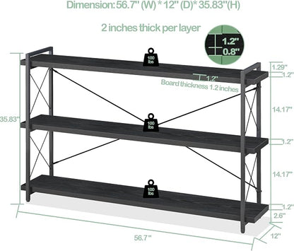 HCHQHS Bookshelf, 3-Tier Long Industrial Bookcase, Freestanding Horizontal - Image 3