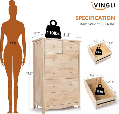 VINGLI Unfinished 6 Drawer Dresser, Natural Solid Wood Dresser Color DIY - Image 2