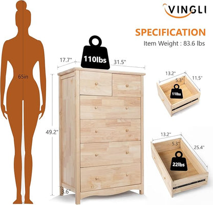 VINGLI Unfinished Natural Solid Wood 6 Drawer Dresser - Image 3