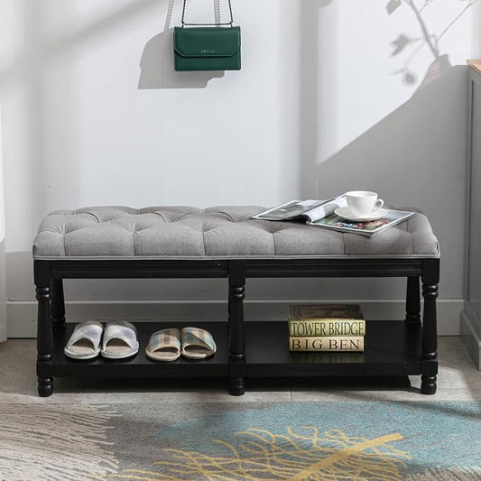 Farmhouse Storage Bench Wooden Entryway Linen Upholstered Ottoman Button Tufted by Janoray