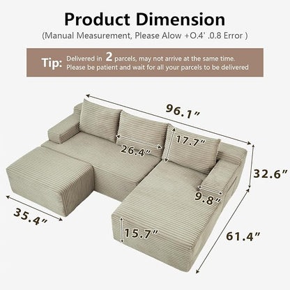 96" Cloud Sectional Couch U-Shaped Chaise - Image 2