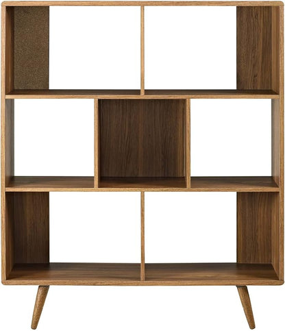 Modway Transmit Mid-Century Offset Cube Wood 7 tier Bookcase in Walnut - Image 4
