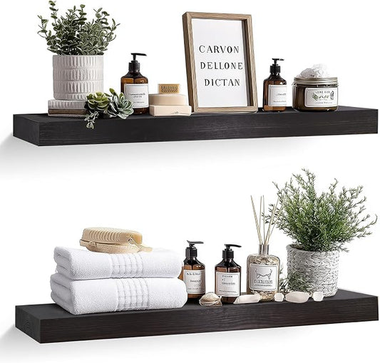 36x8x1.6 inch Floating Shelves Set of 2 – Solid Wood Rustic Black Wall Mounted by YLYHSST