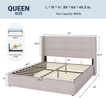 Allewie Queen Size Lift Up Storage Bed, Modern Wingback Headboard, Hydraulic - Image 2