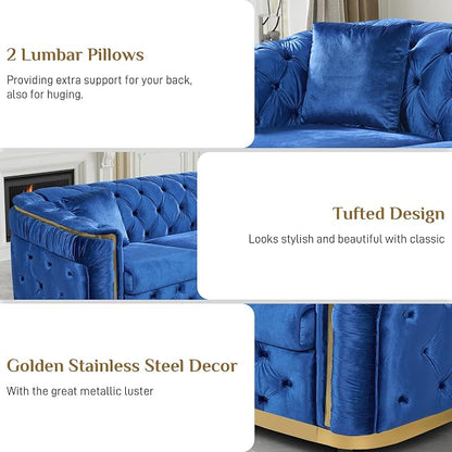 DAMAIFROM Velvet Couch Blue and Gold Sofa Luxury Loveseat 84.6" Mid Century - Image 3