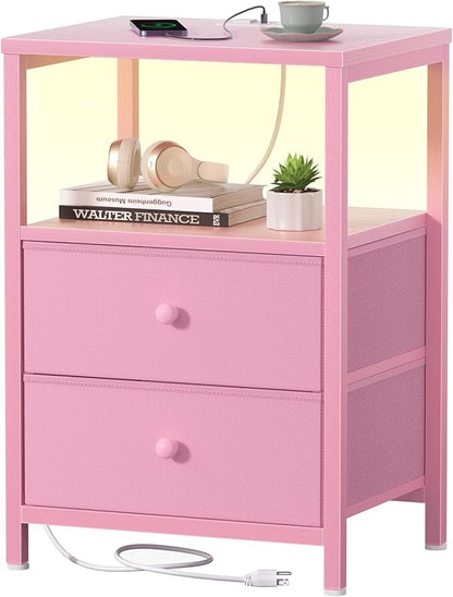 BOLUO Pink Nightstand with Charging Station, LED Night Stand with 2 Fabric by BOLUO
