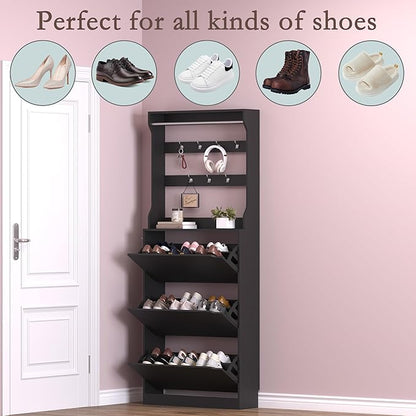 BORNOON Shoe Cabinet with 3 Flip Drawers & Coat Rack, Narrow Hidden Shoe - Image 4