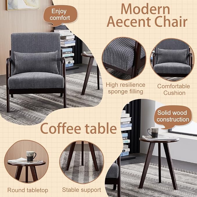 Hanuq】Mid-Century Modern Accent Chair&Coffee Table Set, Vintage Luxury Style - Image 5