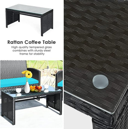 Tangkula 4 Pieces Patio Wicker Conversation Furniture Set, Patiojoy Sofa & - Image 7