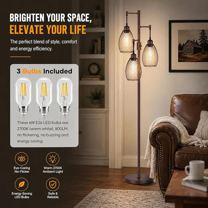 Nintiue Dimmable Floor Lamp, 3x800LM LED Bulbs Included, Farmhouse Industrial - Image 4