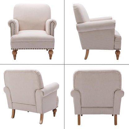Beige Linen Fabric Accent Chairs Set of 2, Modern Farmhouse Upholstered - Image 9