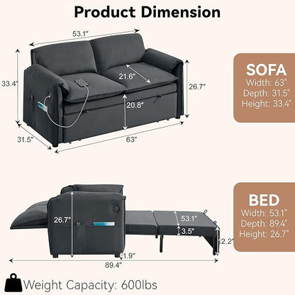 63" Velvet Convertible Sleeper Loveseat Sofa Bed, Pull Out Couch Bed - Image 2