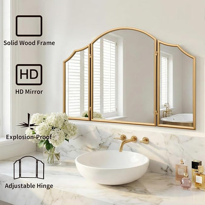 Besdomus Gold Scalloped Vanity Mirror: 36"x24" Large Modern Three Sided Dresser - Image 3