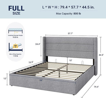 Allewie Full Size Lift Up Storage Bed, Modern Wingback Headboard, Hydraulic - Image 2