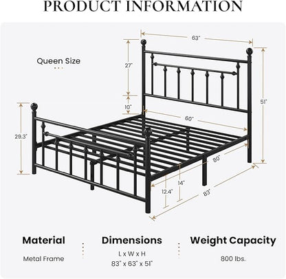 SHA CERLIN 14" Queen Size Metal Platform Bed Frame/Victorian Headboard and - Image 2