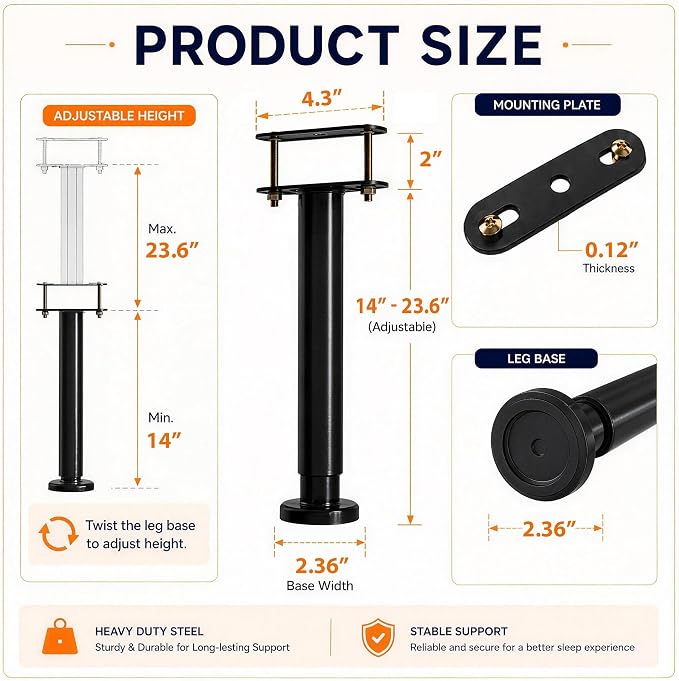 2Pcs Bed Frame Support Leg, Adjustable Height 14" to 23.6", Increase Under-Bed - Image 2