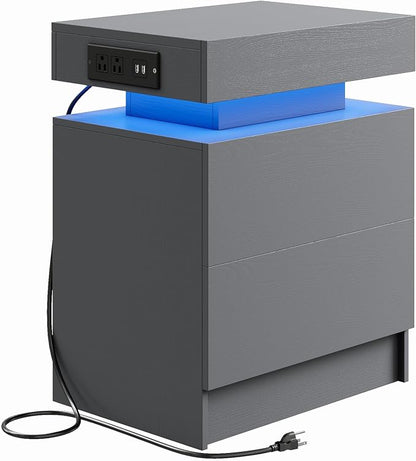 LIKIMIO Night Stand with Charging Station, Modern Grey Nightstand with LED - Image 7
