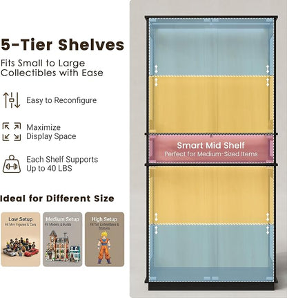Display Cabinet with Glass Doors & LED Lights, 5 Tier Lighted Display Case - Image 3