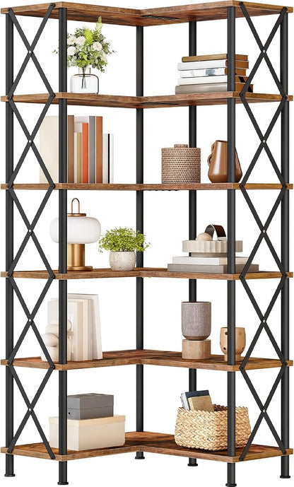 HOOBRO Corner Bookshelf, 6-Tier L-Shaped Bookcase, Industrial Open Display - Image 9