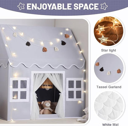 Kids Play Tent Indoor: Mat, Tassel Garland, Star Lights - Image 3