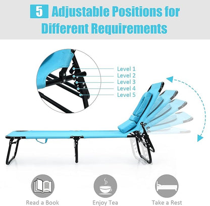 Folding Beach Lounge Chair w/ 5 Adjutable Backrest & Padded Pillow, Sunbathing - Image 5