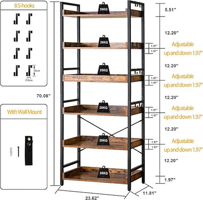 HCHQHS Adjustable 6 Tier Open Bookcase, Rustic Farmhouse Book Shelves, - Image 3