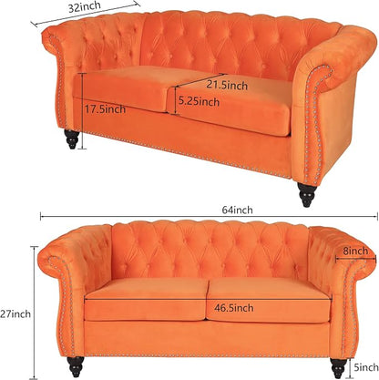 ORRD 2 Piece Living Room Set, Velvet Chesterfield Sofa Loveseat Couch Chair - Image 2