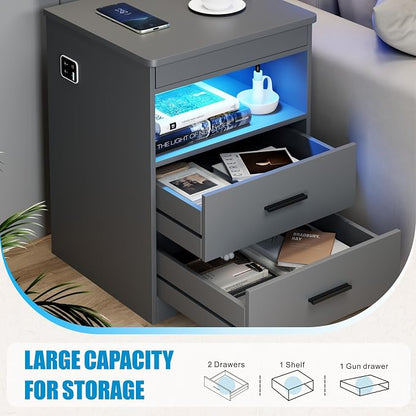 LED Night Stand with Gun Drawer, Bedside Table with Charger Station & Human - Image 7