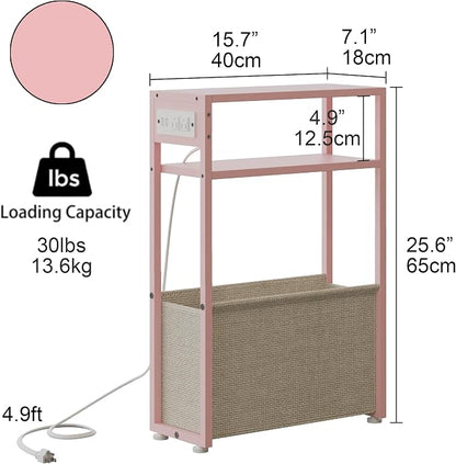 Leomonio Pink Side Table with Charging Station, Slim End Tables with Linen - Image 2