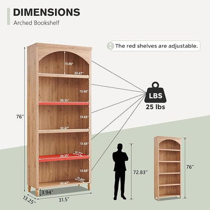 IFGET 76" Tall Arched Bookcase, Farmhouse 5 Tiers Large Arched Bookshelf Cabinet - Image 2