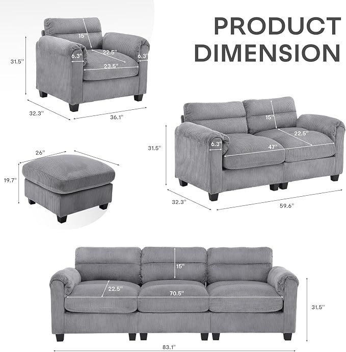 HAOMARKETS Corduroy Sofa Set, Upholstered Armchair Set of 2 and Loveseat - Image 2