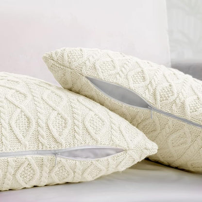 Homiest Cable Knit Throw Blanket & Pillow Set, Cream White Set of 3, Knitted - Image 4